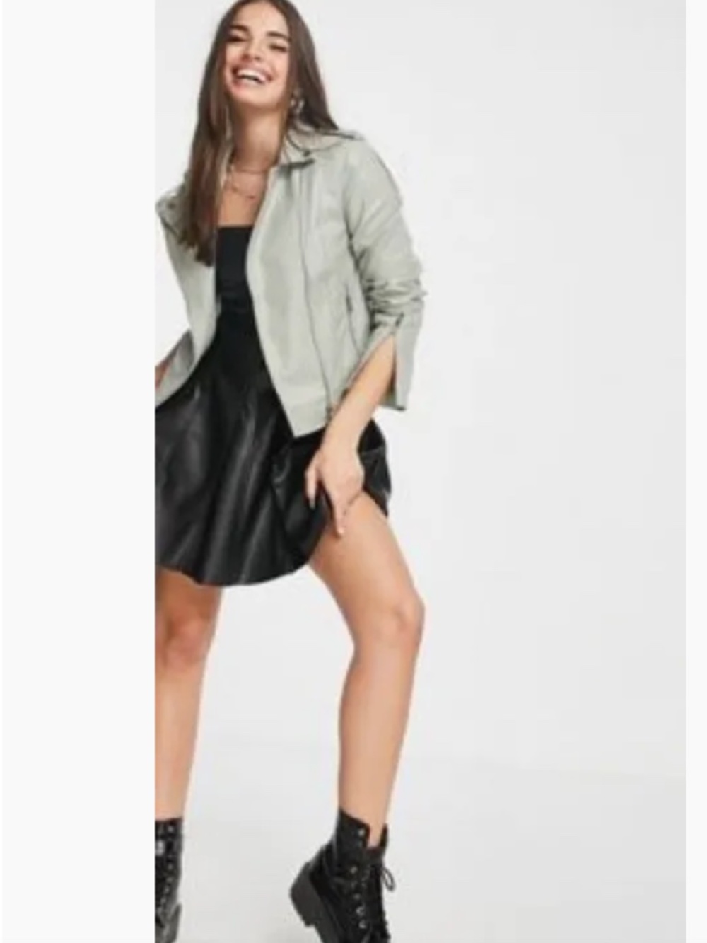Edgy Streetwear Sage Green Faux Leather Moto Jacket Sz 8